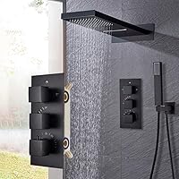 Luxury Waterfall Rainfall Shower Faucet Thermostatic Valve Mixer Wall Mounted Thermostatic Shower Set with Handshower-Matte Black