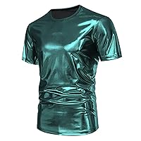 Mens Metallic T Shirt Summer Casual Slim Fit Short Sleeve Crewneck Shiny Party Club Shirts 70s Disco Shirts Clubwear