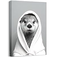 Bathroom Canvas Wall Art Cute Otters Wearing a Bathrobe Picture Poster Funny Kids Bathroom Wall Decor Black and White Animal Bathroom Artwork,Framed