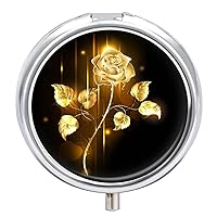Pill Box Flaming Golden Rose Flower Round Medicine Tablet Case Portable Pillbox Vitamin Container Organizer Pills Holder with 3 Compartments