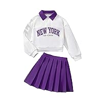 COZYEASE Girl's 2 Piece Outfits Long Sleeve Half Zip Letter Graphic Collar Cropped Sweatshirt Pleated Skirt Preppy Outfits