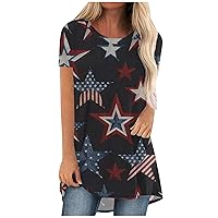 Womens Star Stripes Tunic Tops Short Sleeve Round Neck Patriotic T-Shirts Summer Casual Loose Comfy Oversized Shirts