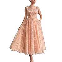 Tulle Lace Midi Prom Dress Spaghetti Strap A-line Summer Homecoming Dress Sleeveless Cocktail Party Dress