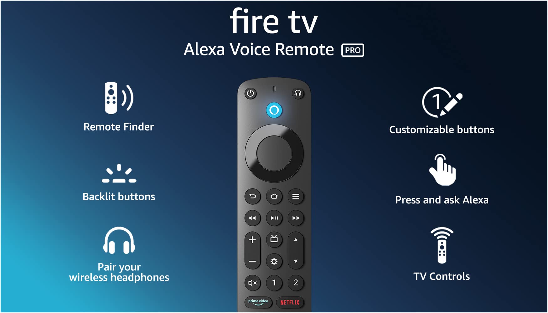 Amazon Alexa Voice Remote Pro, includes remote finder, TV controls, backlit buttons, requires compatible Fire TV device