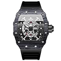 Tiong Men's Fashion Quartz Watch Skeleton Tonneau Large Dial Analogue Men's Watch Casual Business Silicone Strap Watches