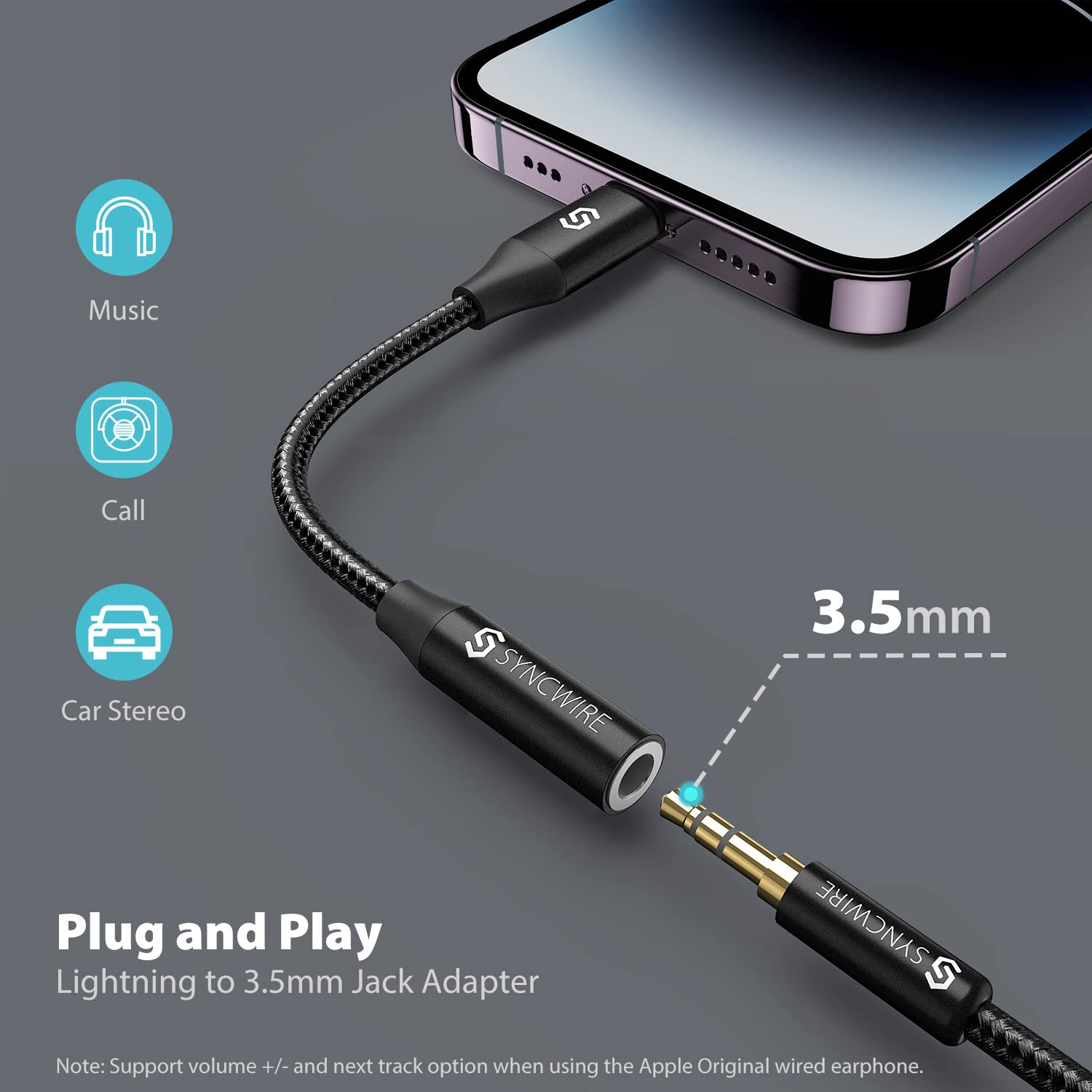 [Apple MFI Certified] iPhone Headphone Adapter, Syncwire iPhone Aux Jack Adapter, Lightning to 3.5mm Dongle for iPhone 14/13/12/11 Pro Max/Pro/Plus/Mini/XR/XS/8/7 Plus-Black 10cm