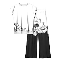 Women's 2 Piece Outfits Summer Plus Size Flower Print Loungewear Cap Sleeve High-Low Hem Tops and Wide Leg Pant Sets