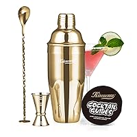 KITESSENSU Cocktail Shaker Set, Stainless Steel Bartending Kit with 25 Ounce Cocktail Shaker with Built in Drink Strainer, Measuring Jigger, Mixing Spoon & Drink Recipe Guide, Gold