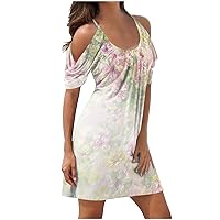 Women Bohemian Floral Cold Shoulder Cami Mini Dress Summer Ruched Short Sleeve Crewneck Casual Tunic T-Shirt Dresses