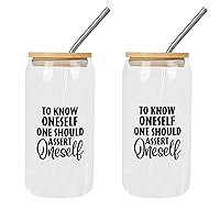 2 Pack Glass Coffee Cups with Lids And Straw To Know Oneself, One Should Assert Oneself Glass Cup Drinking Glasses Gift for Mom Cups Great For For Iced Coffee Cocktail Tea Juice