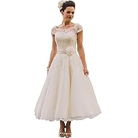Lorderqueen Women's Vintage Tea Length Lace Wedding Dresses Cap Sleeve Bridal Gown