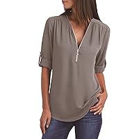 Women V Neck Half Zip Shirts Rolled Sleeve Chiffon Blouses Dressy Work Tunic Tee Solid Color Elegant Business Tops