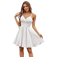 Satin Homecoming Dresses for Teens Short Spaghetti Straps V Neck Prom Party Cocktail Gowns with Pockets