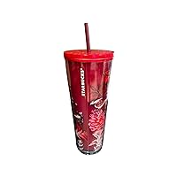 Starbucks Holiday 2022 Red Marble ‘Enchanted Forest Pearl’ Floral Tumbler Pointsettia 24 oz Venti