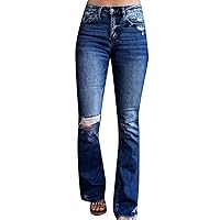Womens Ripped Bell Bottom Jeans Trendy Flare Fall Wide Leg Boot Cut Denim Pants Stretch Baggy Y2K Flared Relaxed Fit