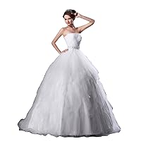 Elegant Ivory Strapless Tulle Beaded Wedding Dresses With Ruffled Skirt