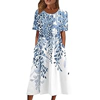 Dresses for Women Summer Casual Short Sleeves Maxi Dress Loose Floral Print Sundresses Round Neck Beach Dress with