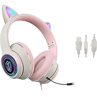 Cat Ear Gaming Headset with Mic RGB LED Light, Flashing Glowing Stereo Headphones, 7.1 Stereo Sound Surround Over-Ear Headset for PC, PS4, PS5, Nintendo Switch,Mobile (Grey)
