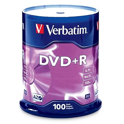 Verbatim DVD+R 4.7GB 16x AZO Recordable Media Disc - 100 Disc Spindle (FFP) - 97459, Branded, 100pk Spindle FFP