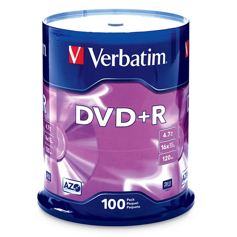 Verbatim DVD+R 4.7GB 16x AZO Recordable Media Disc - 100 Disc Spindle (FFP) - 97459, Branded, 100pk Spindle FFP