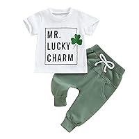 St. Patrick 's Day Baby Boy Outfit Clover Letter Short Sleeve T-Shirt Jogger Pants Lucky Green Toddler Clothes