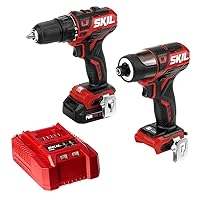 SKIL 2-Tool Kit: PWRCore 12 Brushless 12V 1/2 Inch Cordless Drill Driver and 1/4 Inch Hex Impact Driver, Includes 2.0Ah Lithium Battery and Standard Charger - CB738401, Red