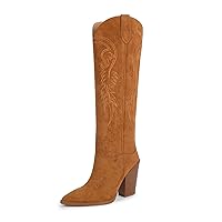 ISNOM Women's Western Boots Knee High Boots, Cowboy Cowgirl Embroidered Chunky Block Heel Pointed Toes Boots