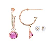 10K Rose Gold 12mm Rope Half-Hoop with 4mm Round Bezel Drop Earring with Silicone Back