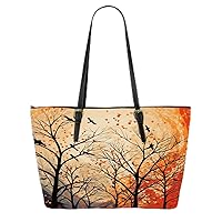 Autumn Moon And Forest Birds Leather Tote Bag 3d