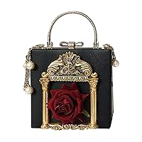 QZUnique Women Love Angel Floral Evening Bag Rose Embossed Formal Purse Clutch Black Gold Crossbody Pearl Chain Shoulder Bag