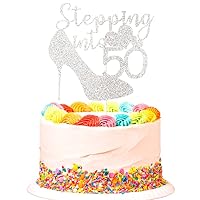 Stepping Into 50th Cake Topper, Happy 50th Birthday Party Decoration Supplies Photo Booth Props - Silver Glitter