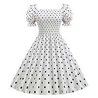 Teen Girls Puff Short Sleeve 1950s Party Dresses Polka Dot Retro Vintage Aline Hepburn Dress Flare Party Swing Dress