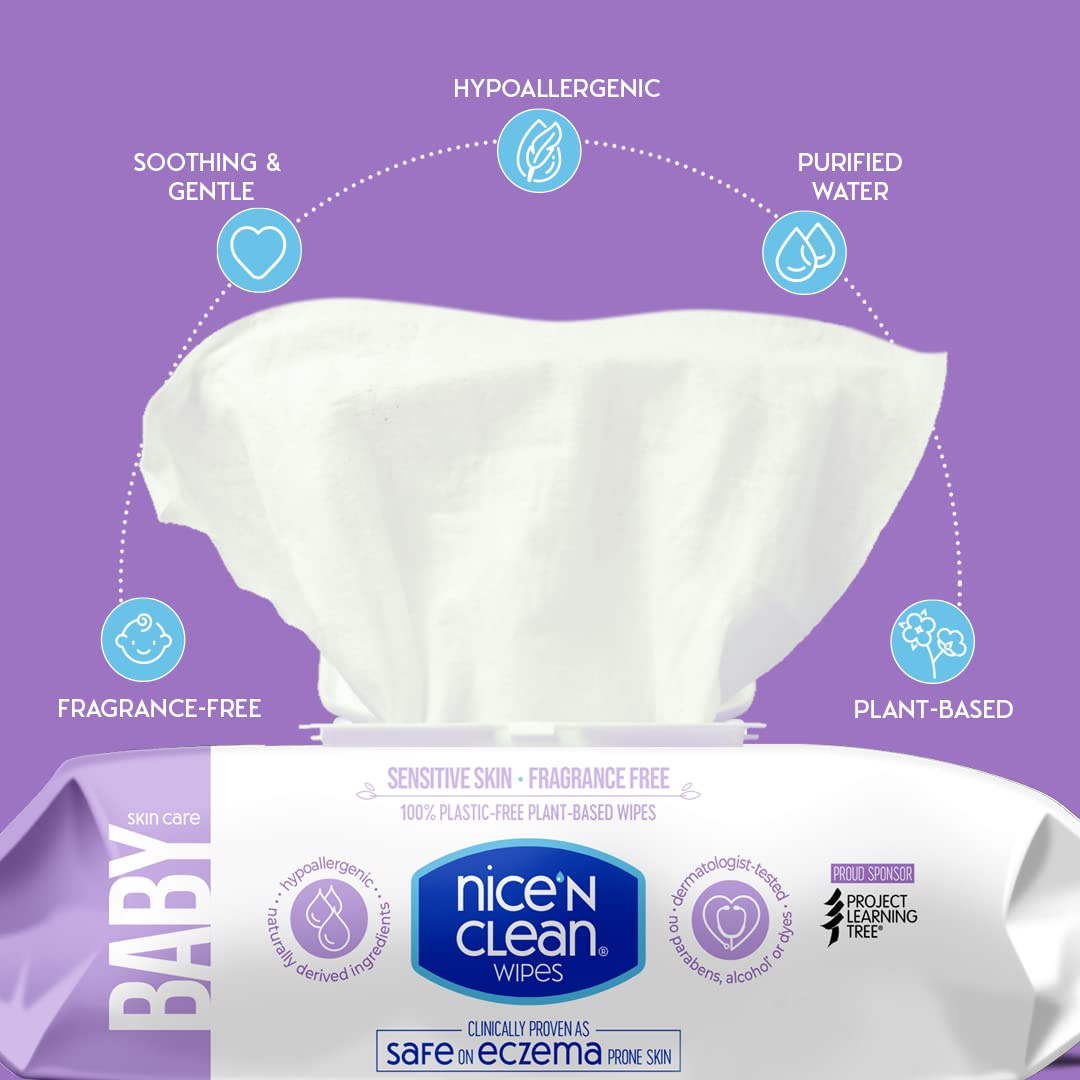 Nice 'n CLEAN Skin Care Baby Wipes Unscented 100ct (4-Pack) | Ideal for Sensitive Skin | Safe on Eczema Prone Skin | 100% Plastic-Free
