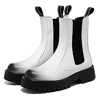 2'' Thick Sole Men's Leather Platform Chelsea Boots Men Fashion Dress Casual Non-Slip Resistant Ankle Boots Fleece Warm for Winter (Color : White, Size : 6.5)