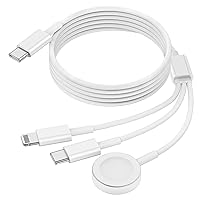 3 in 1 Multi Charging Cable for Apple Watch Charger Magnetic Wireless Charger USB C/Lighting Port Compatible for Apple Watch SeriesSE/9/8/7/6/5/4/3/2/1/iPhone 15/14/13/12, (White, 6ft Cable)