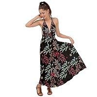 CowCow Womens Vintage Floral Print Elastic Waistband Sexy Party Backless Maxi Beach Deep V Neck Dress, XS-3XL