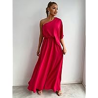 Women's Dress One Shoulder Split Thigh Formal Dress Women's dressEVEBABY (Color : Hot Pink, Size : Small)
