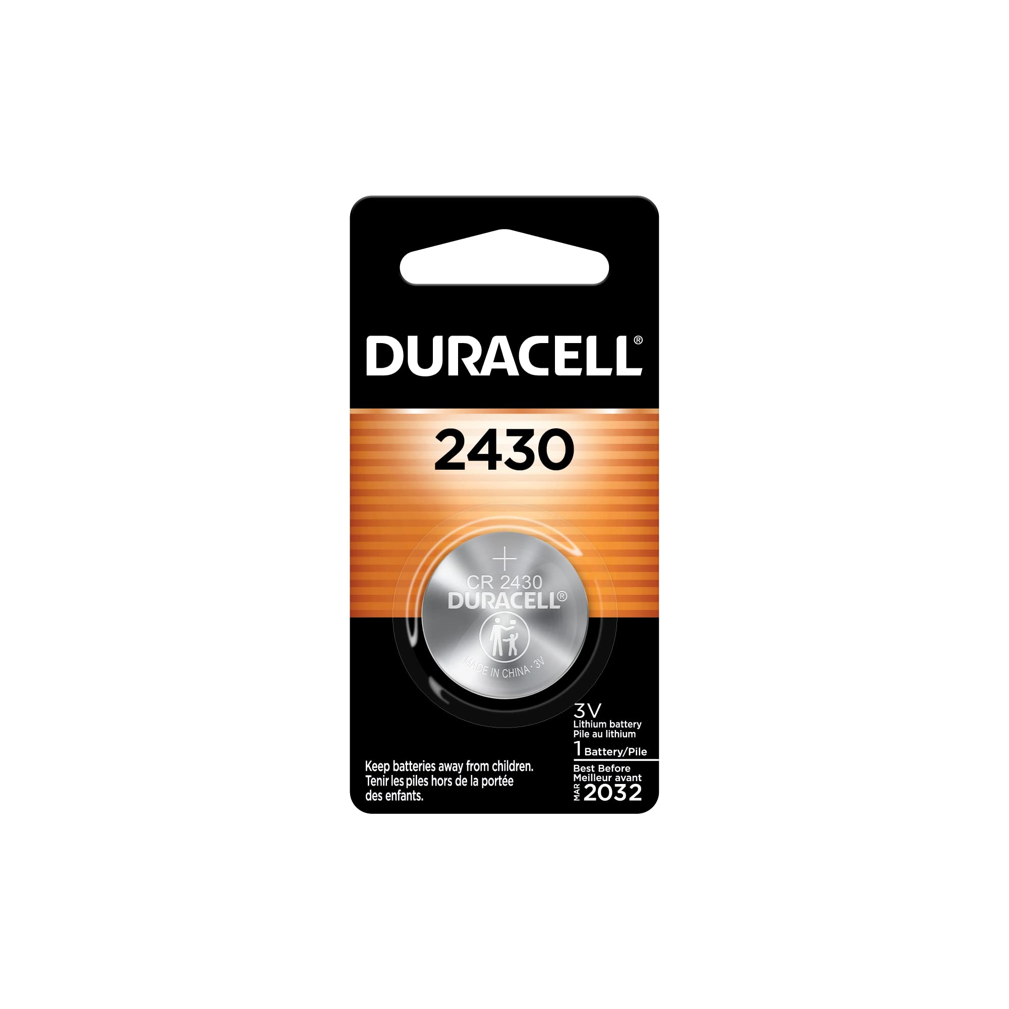 Duracell 2430 3V Lithium Battery, 1 Count Pack, Lithium Coin Battery for Medical and Fitness Devices, Watches, and more, CR Lithium 3 Volt Cell