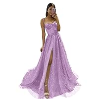 Wchecalino Glitter Tulle Prom Dresses Long 2024 Spaghetti Straps Sweetheart 3D Flowers Evening Party Gowns with Slit