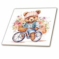 3dRose Cute Floral Bear Riding A Bike Illustration - Tiles (ct-384150-2)