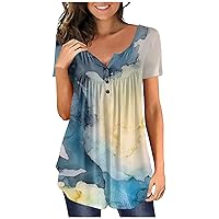 Womens Blouses Tunic V-Neck Button Plus Size Top Short Sleeve Sexy Printed Summer Shirt Casual Tees T-Shirt
