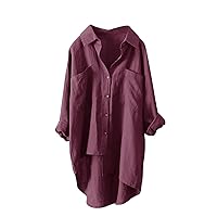 Womens Cotton Linen Button Down Shirt 2024 Casual Long Sleeve Blouse Loose Lapel High-Low Hem Work Tops with Pockets