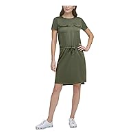 DKNY Womens Green Pocketed Slitted Drawstring T-Shirt Style Short Sleeve Crew Neck Above The Knee Wear to Work Shirt Dress XS