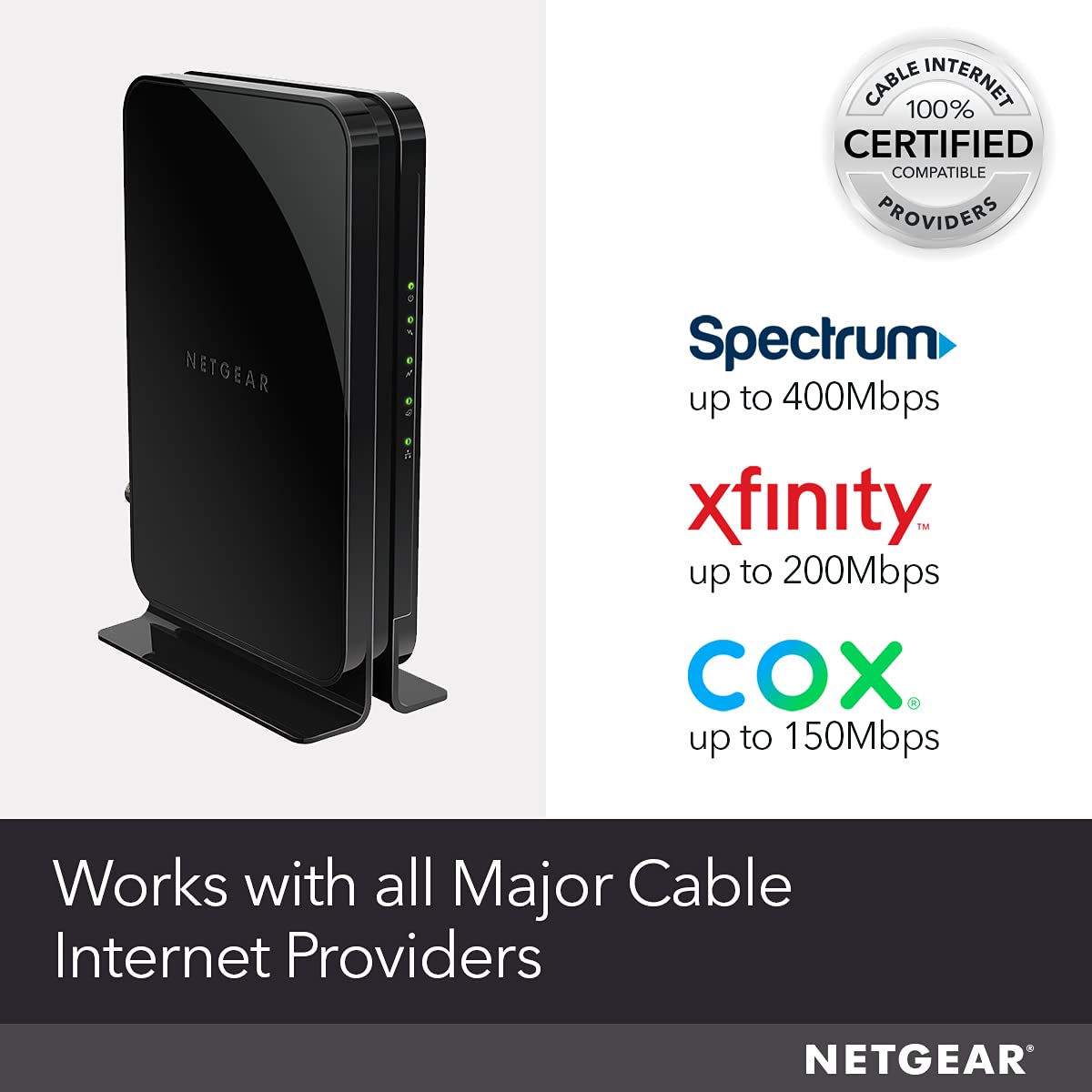 NETGEAR Cable Modem CM500 - Compatible with All Cable Providers Including Xfinity by Comcast, Spectrum, Cox | for Cable Plans Up to 400Mbps | DOCSIS 3.0