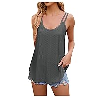Eyelet Tops for Women Fashion Strappy Tank Tops Hollow Out Embroidery Sleeveless Camisole Crewneck Loose Flowy Shirt