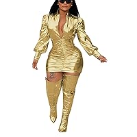Bluewolfsea Women Shinny Metallic Dress Sexy V Neck Long Sleeve Glitter Ruched Bodycon Mini Club Party Dress