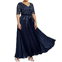 Mother of The Bride Dresses for Wedding Lace Chiffon Evening Dress V Neck Formal Gowns with Sleeves