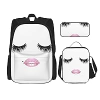 3-In-1 Backpack Bookbag Set,Eyelash Lip White Print Casual Travel Backpacks,With Pencil Case Pouch, Lunch Bag