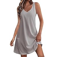 Summer Sleeveless Tank Dresses Women V Neck Night Out Sundresses Cover up Casual Solid Color Flowy Mini Dress with Pockets