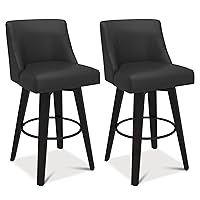 Bar Stools Set of 2, 360° Upholstered Swivel Bar Height Bar Stools with Back and Solid Wood Legs for Kitchen Island, Faux Leather in Rustic Black